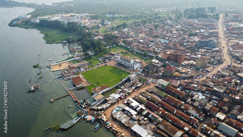 Aerial View of Jinja, Uganda Displaying Dense Housing, Lake Victoria, and Market Area