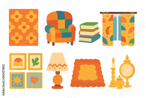 Maximalist Interior Icons. Flat vector mini-illustrations maximalist interiors in colors children's