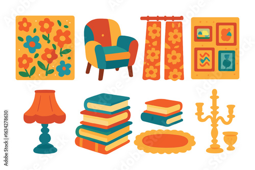 Maximalist Interior Icons. Flat vector mini-illustrations maximalist interiors in colors children's