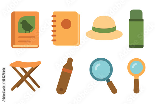 Kids' Birdwatching Kit. Flat vector mini-illustrations backyard birdwatching kit in colors children's