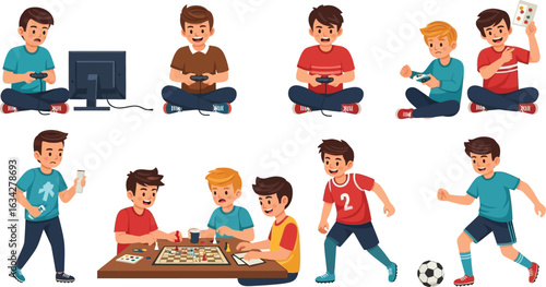 A collection of cartoon boys engaging in various activities such as gaming and playing soccer outdoors