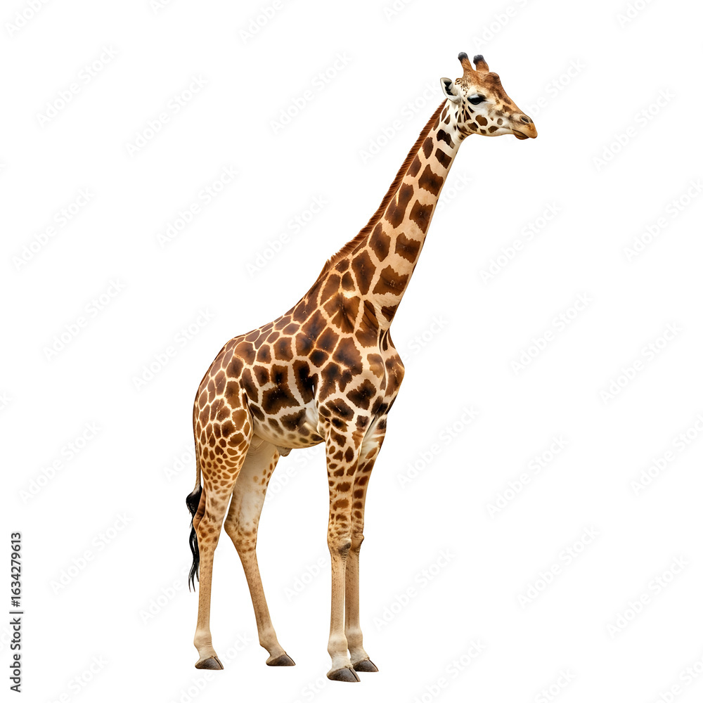 Naklejka premium Majestic giraffe stands tall showcasing its iconic patterned coat and graceful long neck, a symbol of African wildlife and natural beauty.