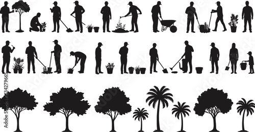 Silhouettes of gardeners planting, watering, digging, and tending plants with tools, plus diverse tree silhouettes of broadleaf and palm varieties