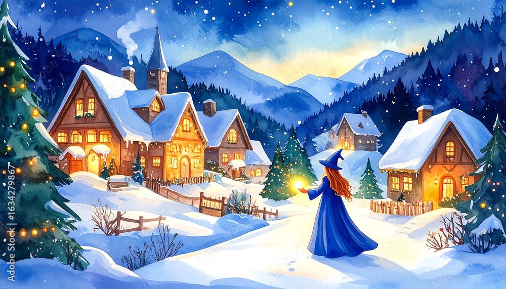Fototapeta premium A wintery village scene at night, featuring a woman in a blue robe