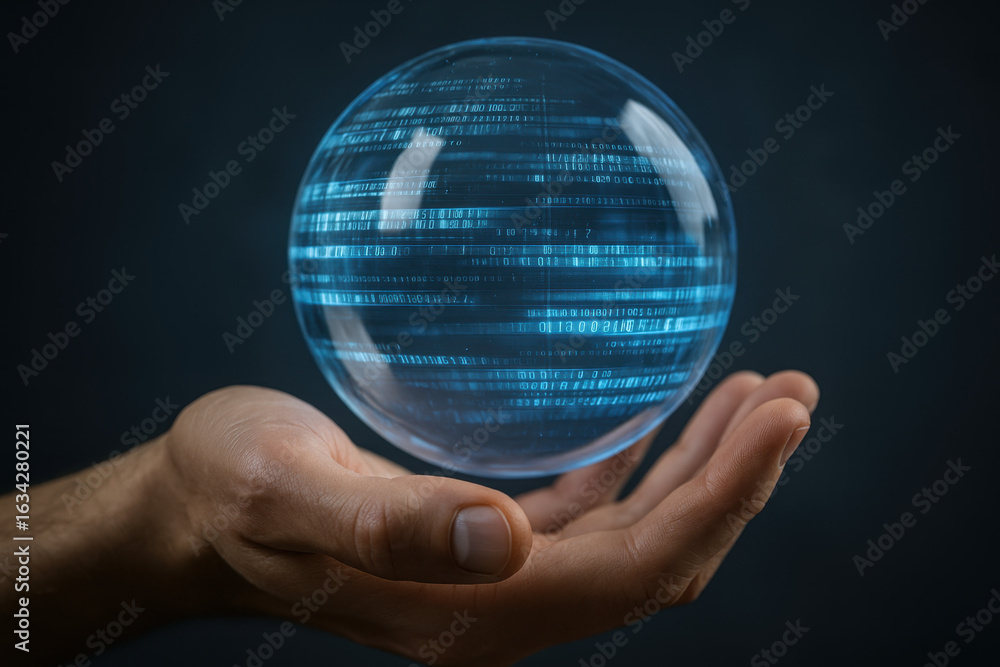 Fototapeta premium Hand Holding Digital Sphere with Binary Code