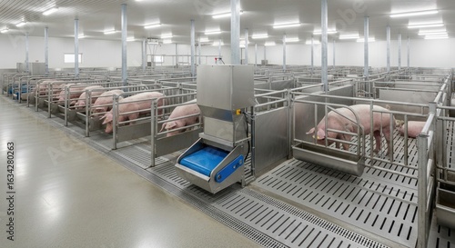 Modern Pig Husbandry: Automated Feeding in a Clean, Well-Lit Swine Facility