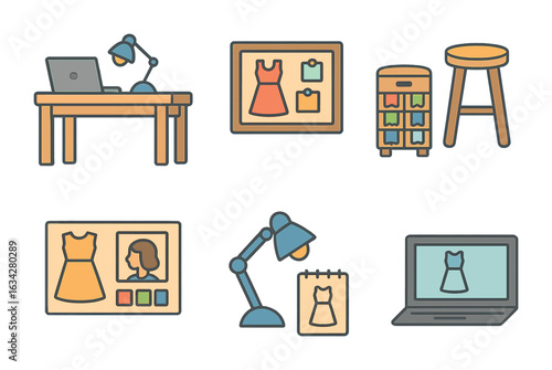 Fashion Studio Icons. Flat vector mini-illustrations Fashion design studio interior in colors children's