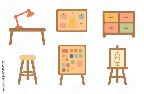 Fashion Studio Icons. Flat vector mini-illustrations Fashion design studio interior in colors children's