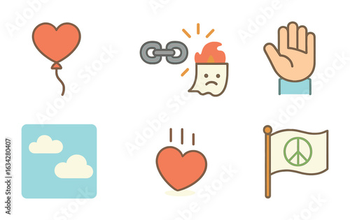 Letting Go Icons. Flat vector mini-illustrations Letting go of grudges in colors children's illustrations: