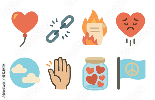 Letting Go Icons. Flat vector mini-illustrations Letting go of grudges in colors children's illustrations: