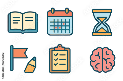 Study Tools Grid. Flat vector mini-illustrations Study and revision calendar in colors children's