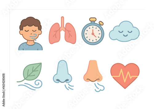 Mindful Breathing Illustrations. Flat vector mini-illustrations Mindful breathing exercises in colors children