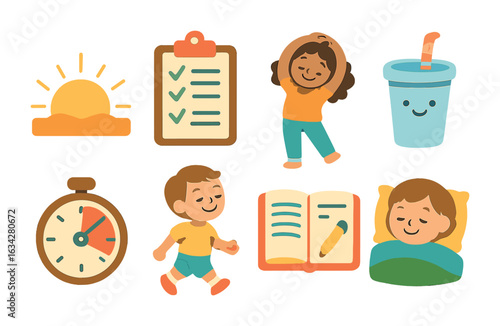 Holistic Daily Routine. Flat vector mini-illustrations Holistic daily routine in colors children's