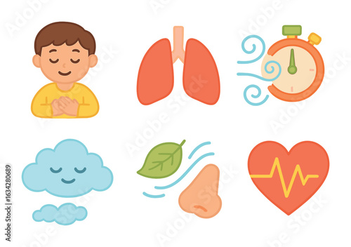 Mindful Breathing Illustrations. Flat vector mini-illustrations Mindful breathing exercises in colors children