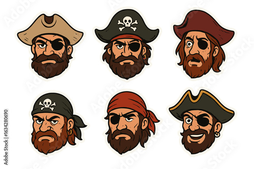 Pirate captain character design vector art collection of cartoon pirates with eye patches and pirate hats on transparent background