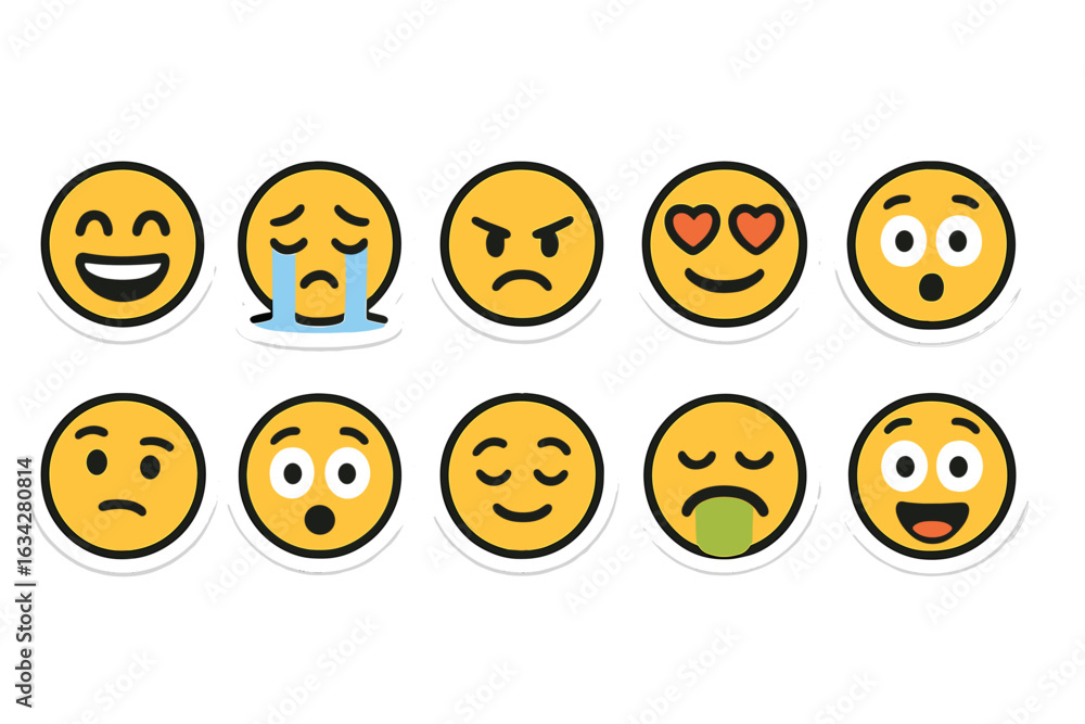 Fototapeta premium Emoji expressions vector set displaying various feelings and emotions for digital communication use cases on transparent background