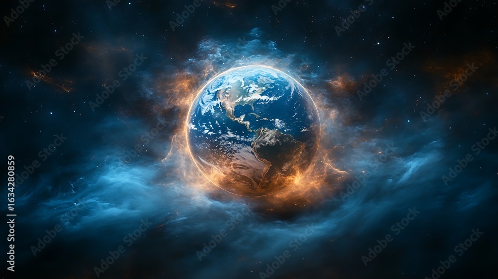 Obraz premium Earth in a vibrant cosmic nebula.