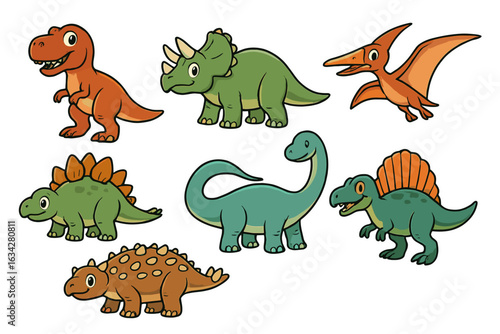 Cute cartoon dinosaurs vector illustration t rex triceratops stegosaurus and other prehistoric animals set on transparent background