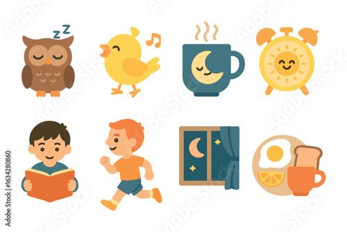 Chronotypes Children's Icons. Flat vector mini-illustrations Chronotypes (morning vs night) in colors children