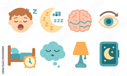 Children's Sleep Cycle Icons. Flat vector mini-illustrations Human sleep cycles in colors children's
