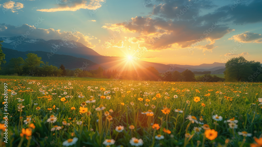 Fototapeta premium Sunrise over a vibrant flower meadow with mountains in the background, creating a serene and picturesque scene.