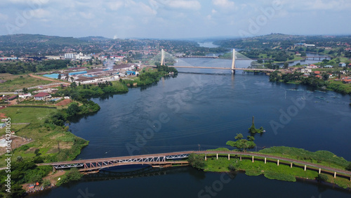 Nile River Crossing: Aerial View of Bridges and Cityscape in Jinja, Uganda