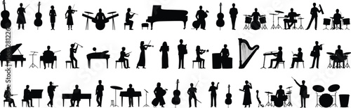 Silhouettes of musicians playing cello, violin, drums, piano, trumpet, harp, guitar — diverse musical instruments in dynamic performance poses