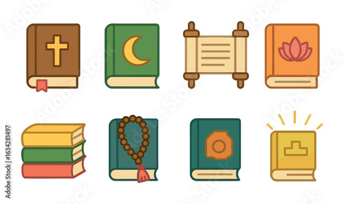 Colorful Sacred Texts. Flat vector mini-illustrations Sacred texts for kids in colors children's illustrations