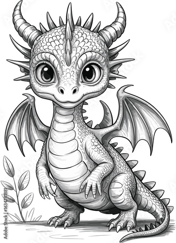 Cute Baby Dragon Drawing, Black and White Fantasy Line Art Illustration for Kids Coloring Pages, Mythical Creature Cartoon Design