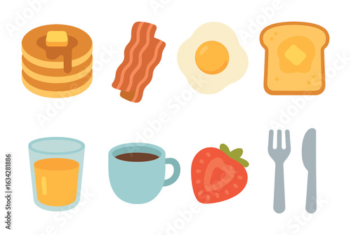 Classic Breakfast Icons. Flat vector mini-illustrations Classic breakfast flat lay in colors children's
