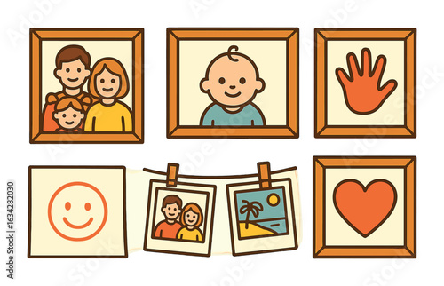 Family Memory Icons. Flat vector mini-illustrations Family photo wall memories in colors children's