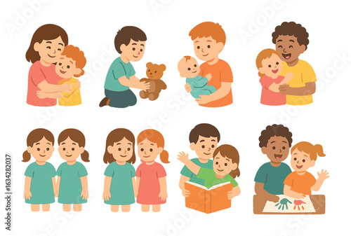 Sibling Bonding Moments. Flat vector mini-illustrations Sibling portrait moments in colors children's