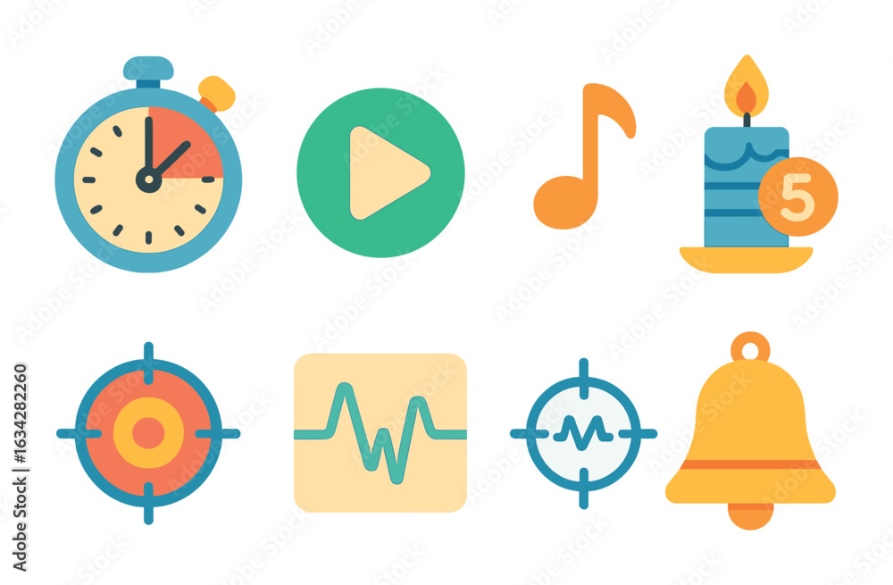 Fototapeta premium Wellness Countdown Icons. Flat vector mini-illustrations Countdown timer for wellness sessions in colors