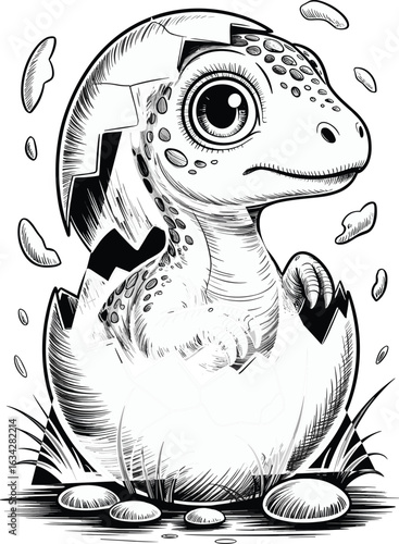 Cute Baby Dragon Drawing, Black and White Fantasy Line Art Illustration for Kids Coloring Pages, Mythical Creature Cartoon Design