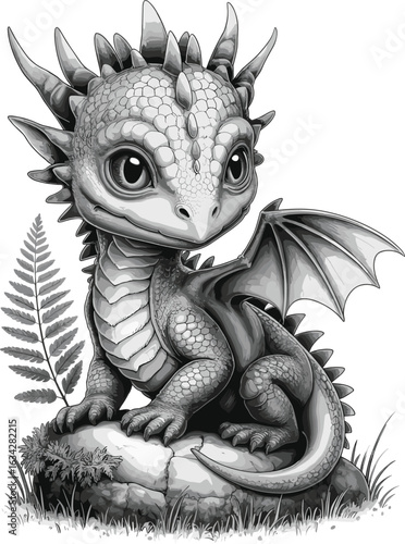 Cute Baby Dragon Drawing, Black and White Fantasy Line Art Illustration for Kids Coloring Pages, Mythical Creature Cartoon Design