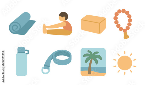 Yoga Retreat Essentials. Flat vector mini-illustrations Yoga retreat essentials in colors children's