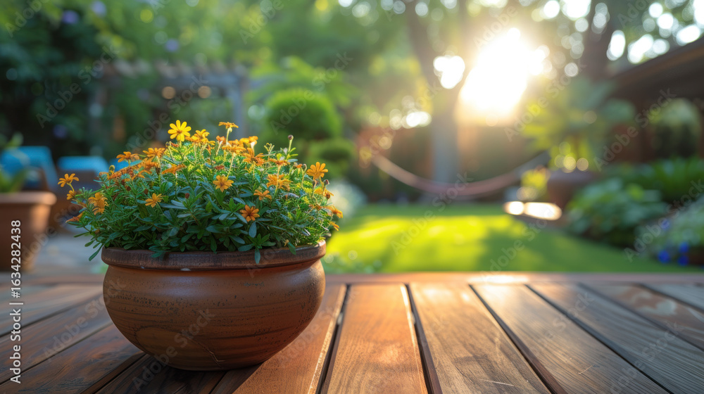 Fototapeta premium Orange flowers in a pot on a wooden table create a vibrant scene in the soft, sunlit garden.