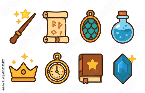 Magical Artifacts Icons. Flat vector mini-illustrations Magical artifacts in colors children's illustrations: