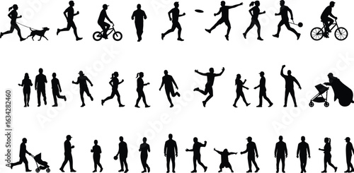 Silhouettes of people running walking cycling talking pushing strollers playing frisbee diverse park scene showcasing everyday human movement and interaction
