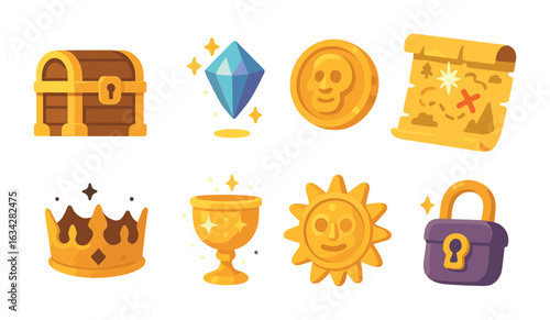 Magic Treasures Icons. Flat vector mini-illustrations Hidden treasures with magic in colors children's