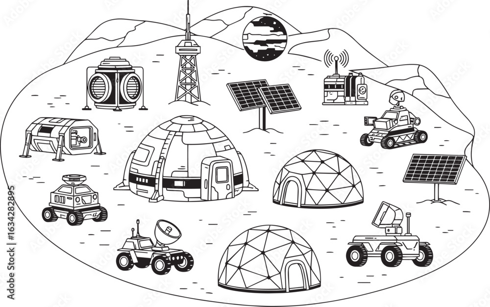 Φωτογραφία Vector art of artistic depiction of a futuristic space colony with domes, rovers