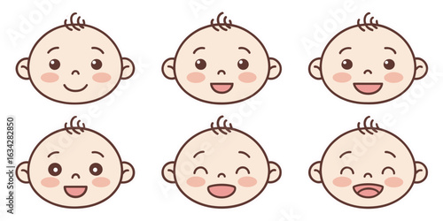 Cute baby faces vector illustration showing different emotions for graphic design and kids education material on transparent background