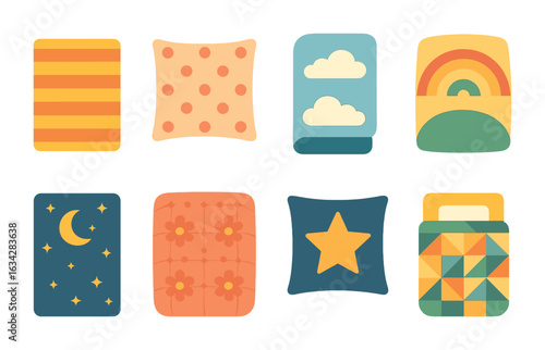 Colorful Kids' Bedding Designs. Flat vector mini-illustrations Colorful bed linens and designs in colors