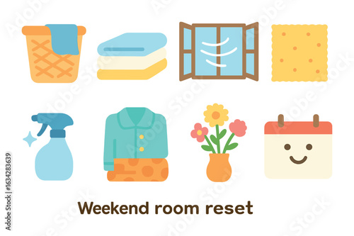 Weekend Cleaning Icons. Flat vector mini-illustrations Weekend room reset in colors children's illustrations: