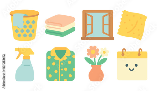 Weekend Cleaning Icons. Flat vector mini-illustrations Weekend room reset in colors children's illustrations: