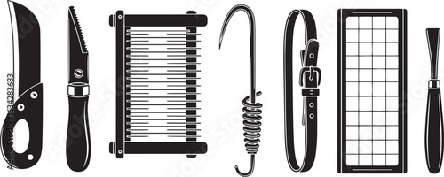 Vector art of assortment of leatherworking tools and supplies isolated on white background