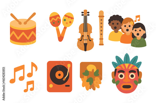 Children's Music Icons. Flat vector mini-illustrations Traditional music celebration in colors children's