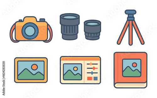 Photographer's Toolkit Icons. Flat vector mini-illustrations Freelance photographer setup in colors children's