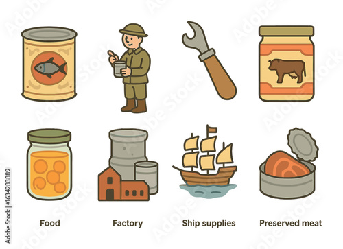 History of Canned Food. Flat vector mini-illustrations History of canned food in colors children's