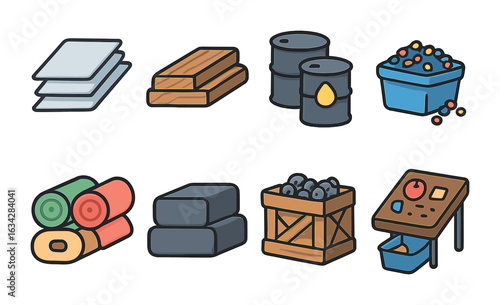Raw Materials Icons. Flat vector mini-illustrations Raw materials processing in colors children's